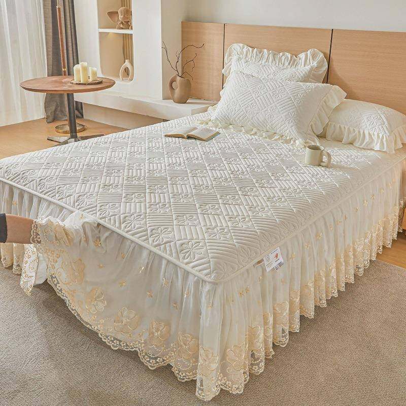 浪漫法式公主风蕾丝床裙夹棉加厚四季款防滑纯色床罩床盖裙式床单