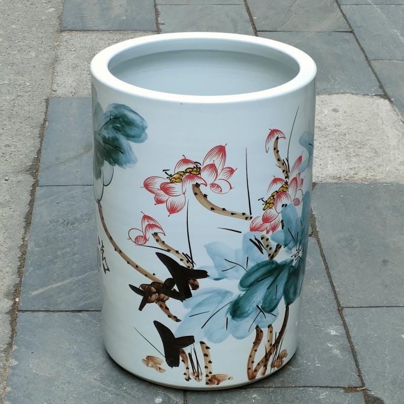 陶瓷书画筒雨伞缸手绘荷花卷轴字画缸家居书房装饰陶瓷摆件收藏品