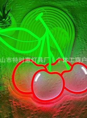 樱桃霓虹灯标志可爱红色绿色樱桃 LED 霓虹灯用于墙壁装饰
