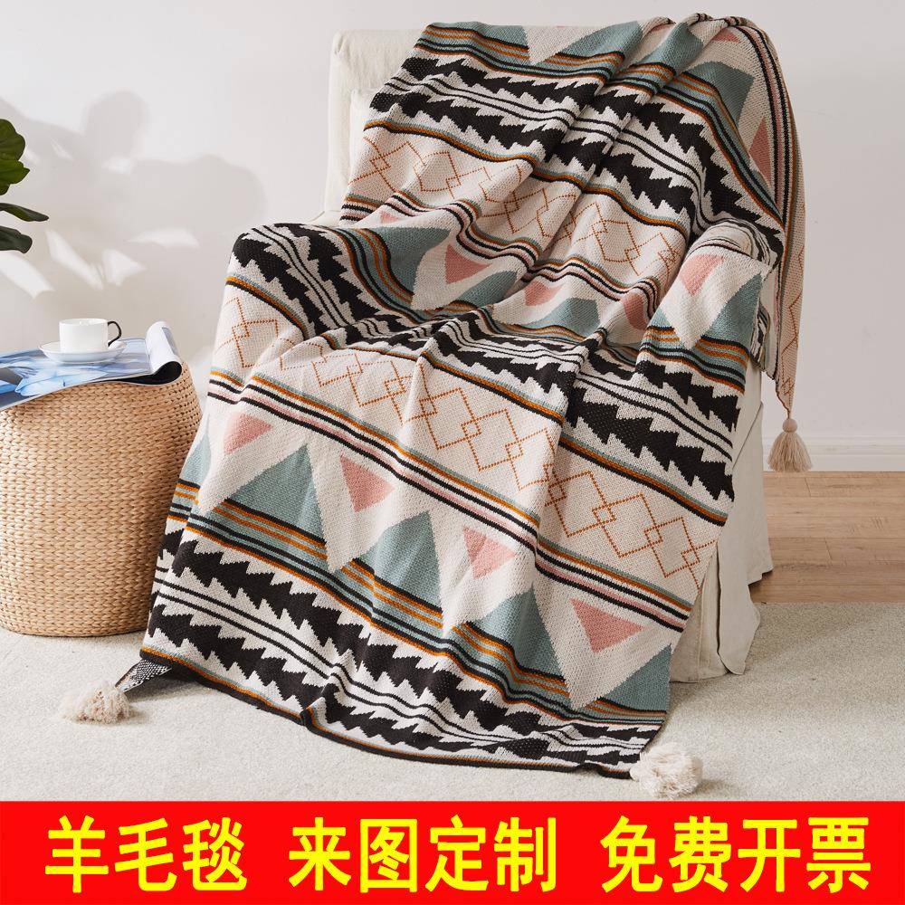 针织提花毛毯波西米亚毛毯披肩毯羊毛午睡毯子菱形几何沙发毯盖毯