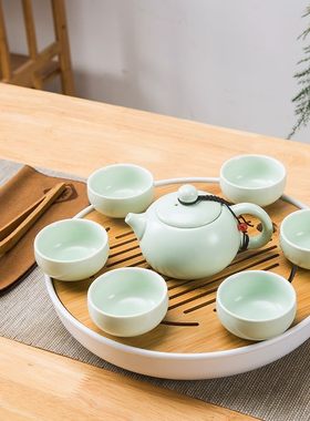 功夫茶具定窑茶壶茶杯套装日式竹制托盘快客茶具圆形储水陶瓷茶盘