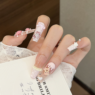 美甲穿戴甲可爱小熊气质儿童穿戴甲长款梯形指甲贴片穿戴美甲甲片