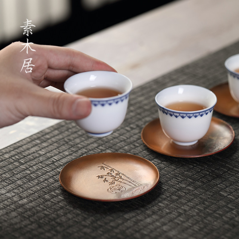 纯手工镶银茶杯垫茶托紫铜錾刻杯托茶垫隔热垫功夫茶具茶道零配件