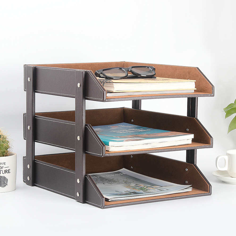 皮质三层文件架文件栏资料架桌面定制商务盘文件收纳办公用品整理