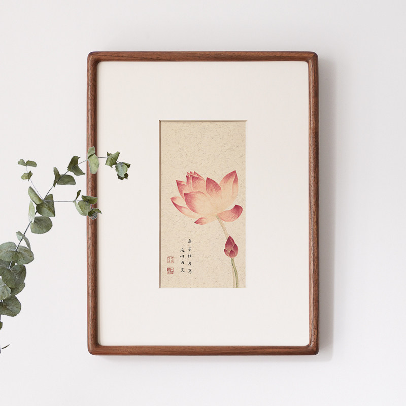 荷花装饰画莲蓬茶室瑜伽馆极简淡雅沙发三联客厅卧室床头实木挂画