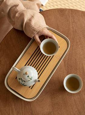 81640竹制长方中形干泡盘小储陶瓷茶盘水家用型茶台式酒店茶托盘