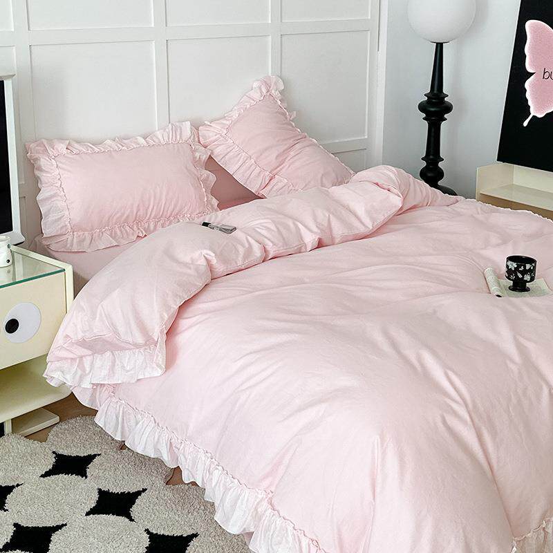 棉夏季公主风纯棉上四件100全被套床单笠三床件套高端粉色套无品牌
