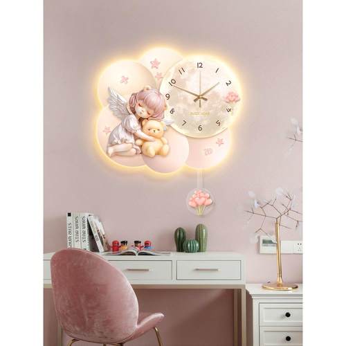 守护天使童房装女饰画孩房钟表挂钟静音挂画公CSM主卧室床头儿间