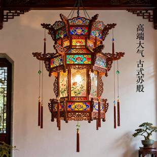 仿古宫楼中式吊灯实木中式明灯具手绘木清艺制客厅酒灯店红梦PSP