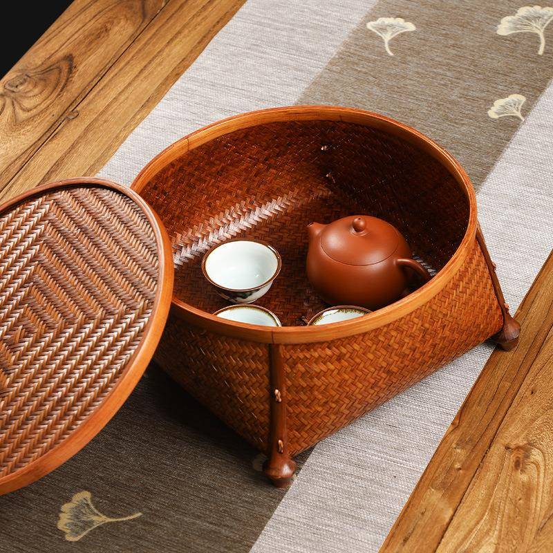 手3643工竹编大漆茶具收带纳盒家用收纳筐日式大漆托盘竹盖筐水果