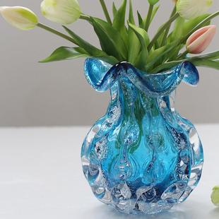 轩现居代手工厚重蓝色琉璃钱瓶袋子碧气泡花家客厅插花732样板间