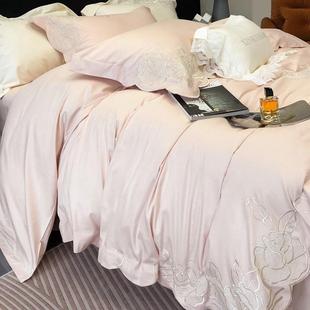 轻奢风精致刺绣四件套床纯色全棉00纯支1长绒917棉上用品棉床单被