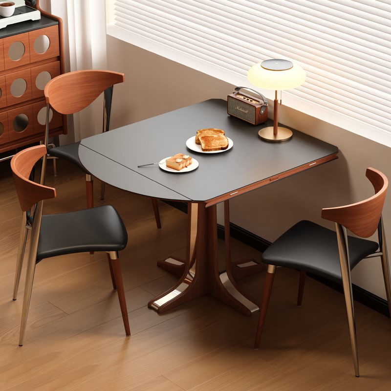 木小咖岩板实木圆餐桌可伸缩法式复古正方形小户型折叠餐桌椅