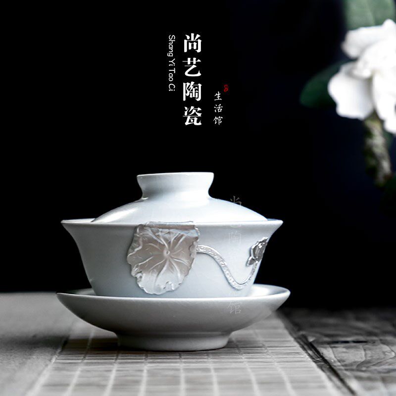 汝窑手工镶嵌银三才盖碗茶杯开片家用陶瓷功夫茶具大号泡茶套装