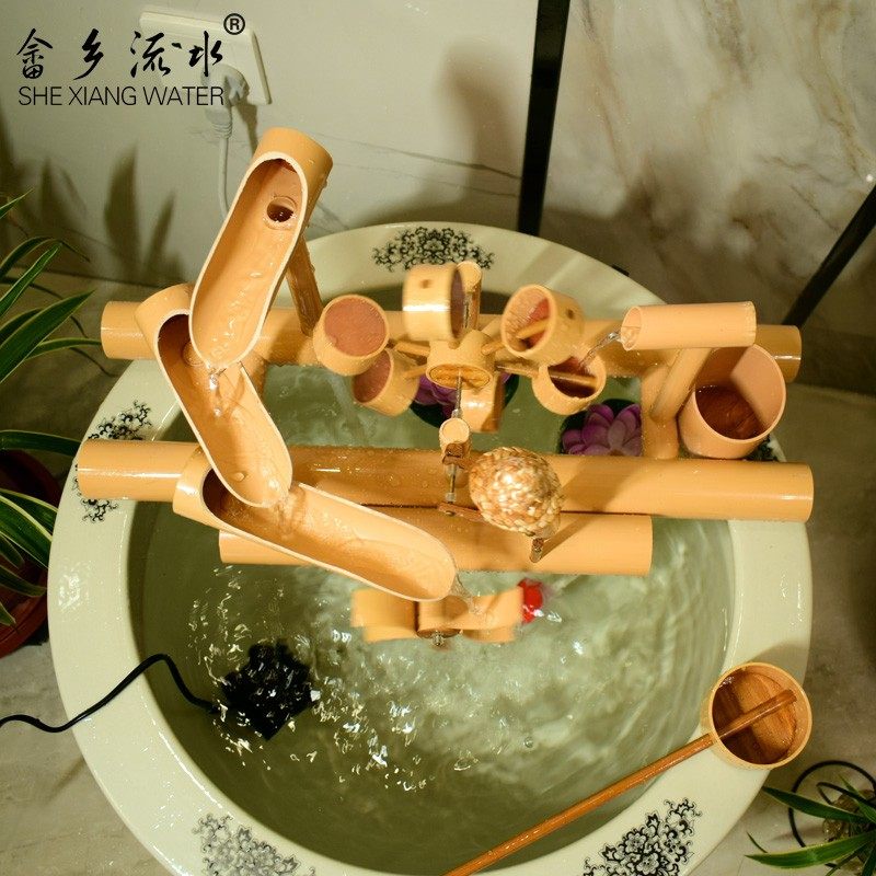 竹子流水摆件鱼缸石槽循环水车鱼缸石槽装饰造景喷泉小竹筒人惊鹿