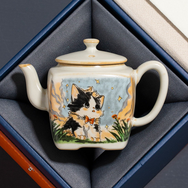 汝窑可爱猫汉方茶壶泡茶家用陶瓷冰裂开片功夫茶具定制一人用单壶图片