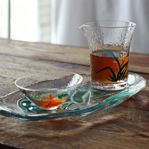 手绘玻璃公道杯品茗杯茶盏金边方公杯茶海锤纹分茶器功夫茶具茶碗