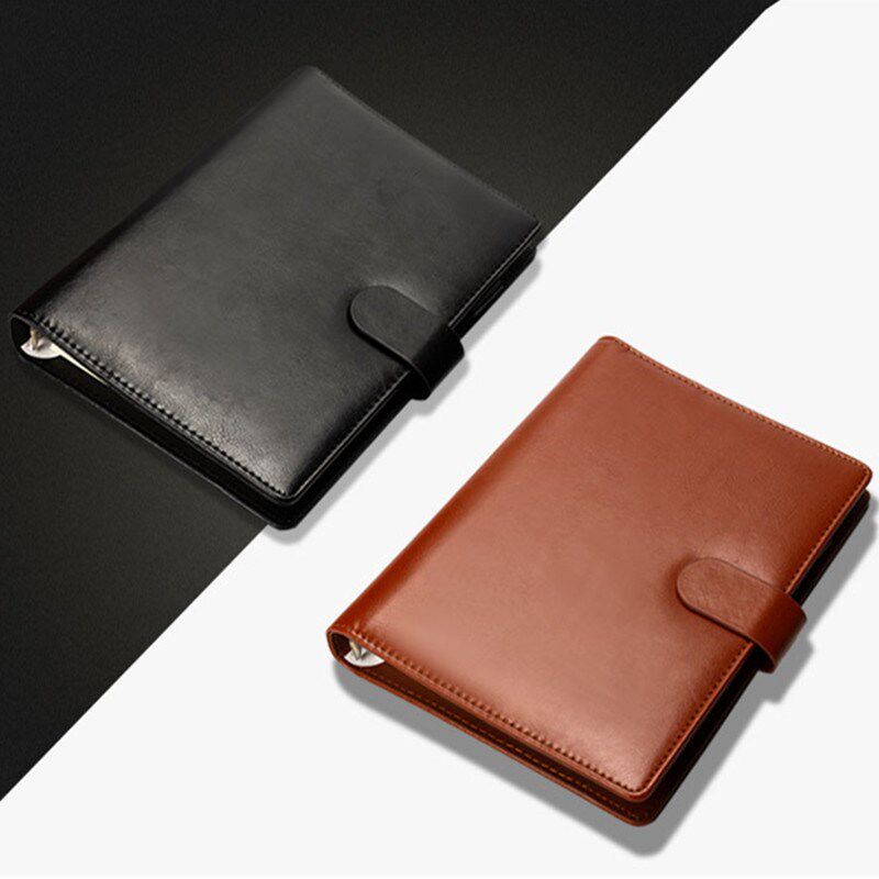 宽大行距办公笔记本100克米黄纸皮面商务记事本宽格带磁扣活页本