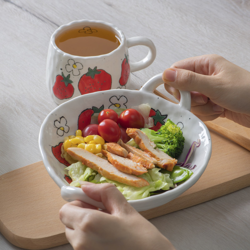 手绘家用餐盘深盘汤盘菜盘子陶瓷盘高级感餐具菜盘深盘双耳汤盘子