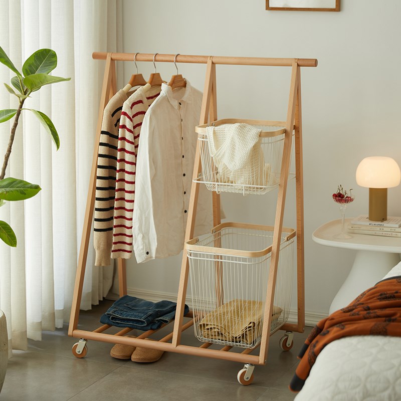 实木衣帽架家用卧室落地可移动多功能脏衣篓挂衣架室内简易晾衣架