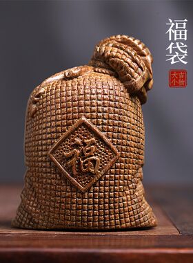天然绿檀实木雕刻招财纳福福袋米袋钱袋文玩手把件桌面摆件工艺品