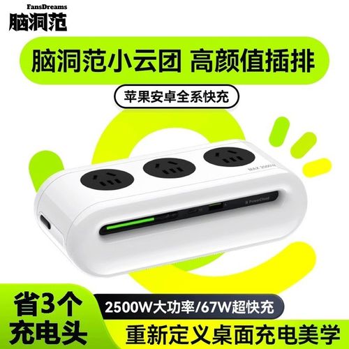 脑洞范小云团排插67W快充多功能充电器USB智能插座多孔位插线板