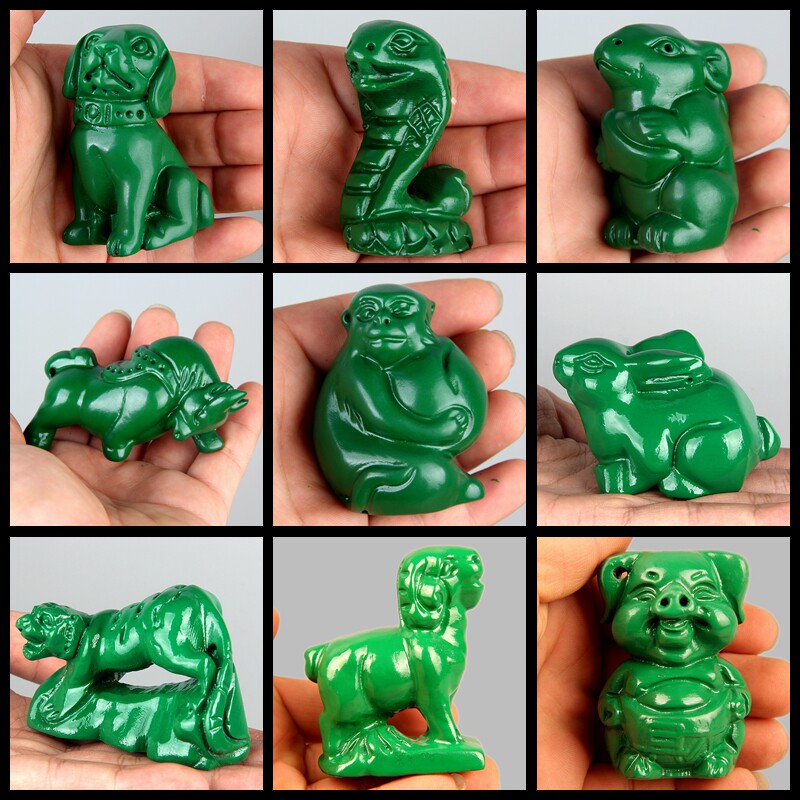 东阳木雕十二生肖实木质绿色鼠牛虎兔龙蛇马羊猴鸡狗猪吊坠小摆件