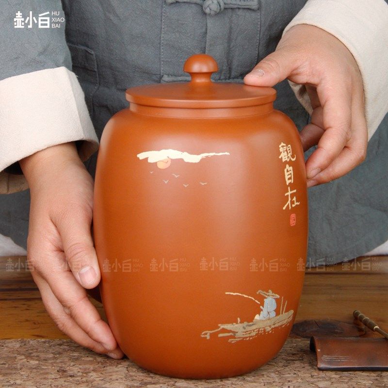 壶小白 云南建水紫陶茶叶罐 散茶罐 普洱茶白茶醒茶罐手工 彩填