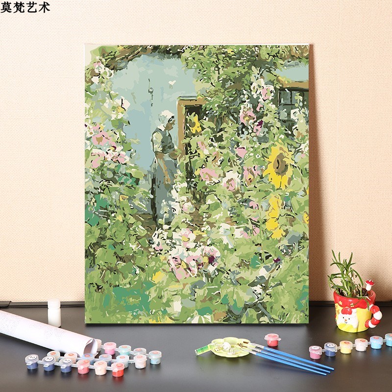 数字油画diy填充手工填色莫奈名画玫瑰花园中女人涂色丙烯油彩画