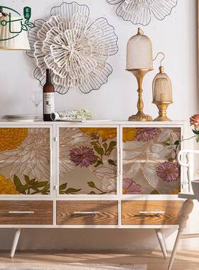 美式彩绘玻玄关柜璃法式奶油IOU风厅客靠墙收纳柜铁带艺白色抽屉