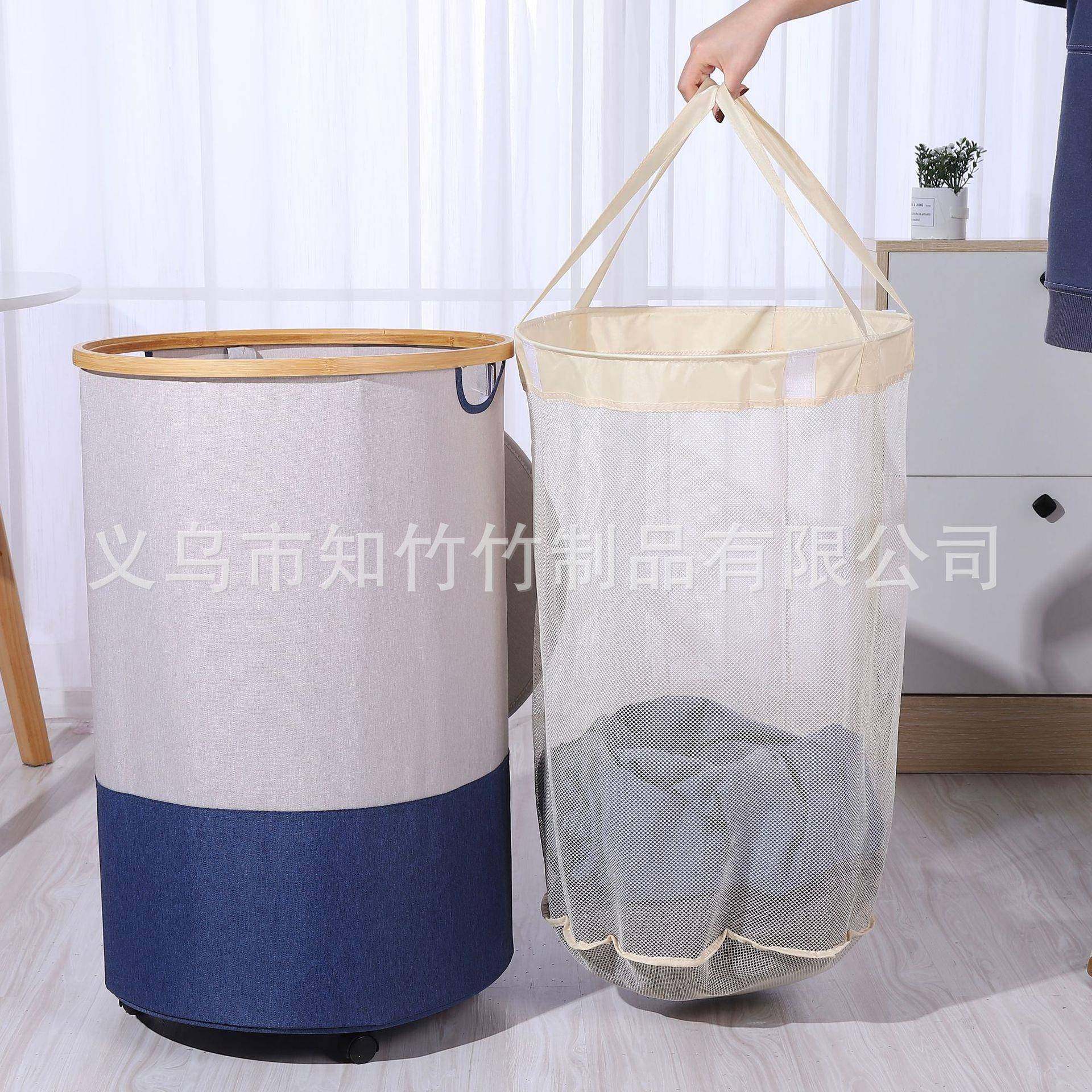 折叠衣篓布艺拼接100186色脏带带盖配内袋竹制洗衣篮地落轮脏衣篮