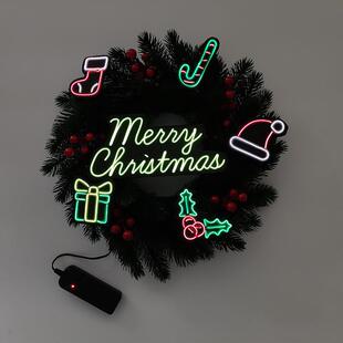 新款创意圣诞节门环挂饰 仿真绿植花店橱窗装饰发光花环家居装扮