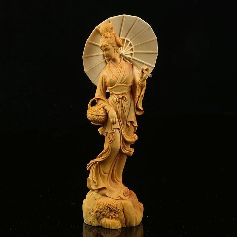 黄杨木雕仕女踏青大摆件实木雕刻古典美女工艺品中式客厅桌面饰品