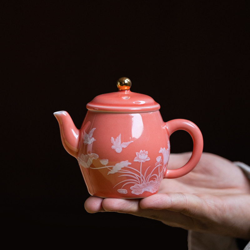 堆花团花锦簇得福壶家用粉色功夫茶具泡茶壶手工单壶陶瓷过滤壶
