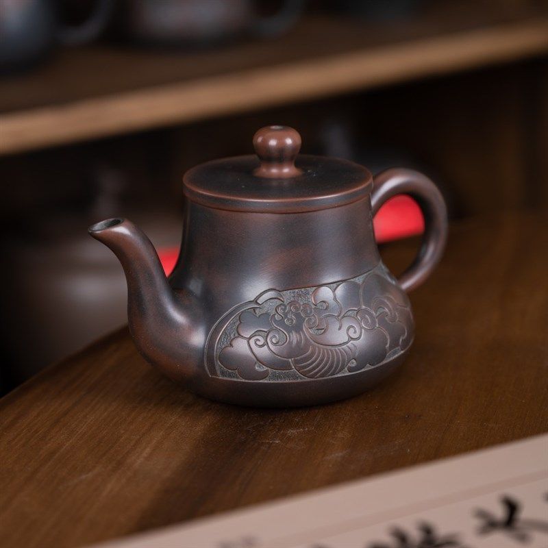 坭兴陶茶壶【长嘴龙凤宫灯壶】钦州名家纯手工送礼自用原矿紫陶壶