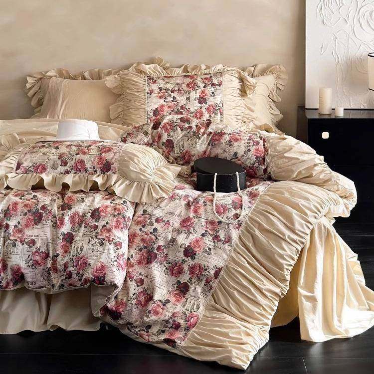法式复古风全棉精梳水洗棉四件套玫瑰印花褶皱被套床裙款床上用品,电子元器件市场,其它元器件,淘宝优惠券,粉丝福利购,淘宝优惠卷