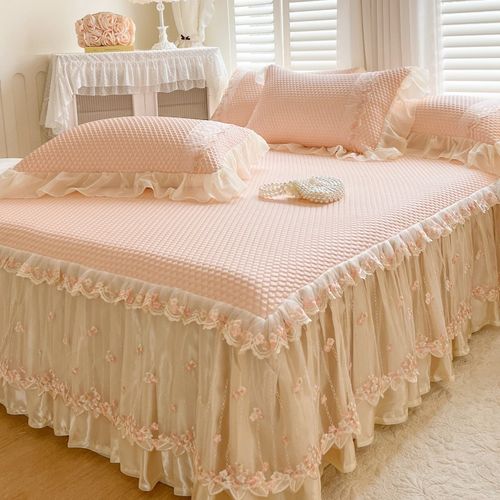 夏季公主风凉感丝豆豆冰丝凉席三件套可水洗机洗蕾丝床裙款软席子