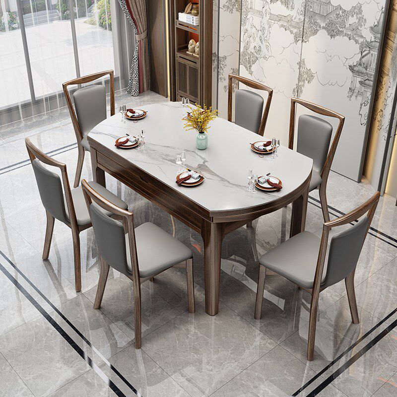 餐桌家用可变圆桌现代中式实木伸缩小户型圆形岩板吃饭桌乌金木色