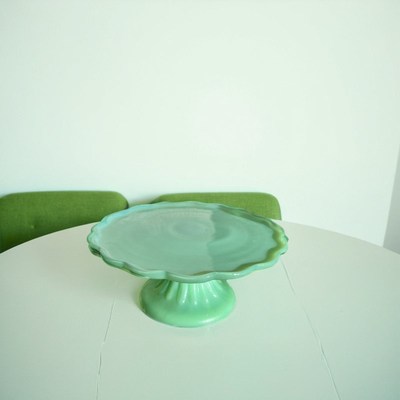 中古手工花边奶玻璃托盘甜品台茶台复古绿色奶玻璃蛋糕托盘