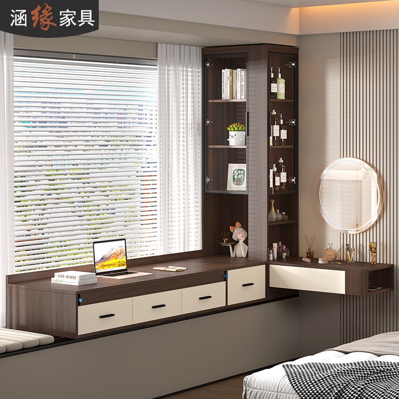 中古风飘窗书桌抽拉式伸缩电脑桌卧室阳台梳妆台书柜一体定制7L71