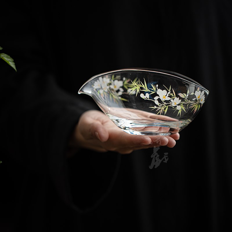 鱼戏手工贴花耐热玻璃公道杯透明加厚家用公杯泡茶匀杯分茶器茶海