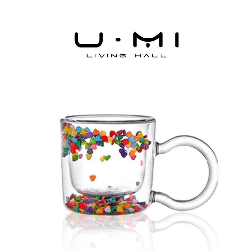U Mi LIVING啵啵  杯具流沙杯可爱少女爱心流动双层玻璃杯带把