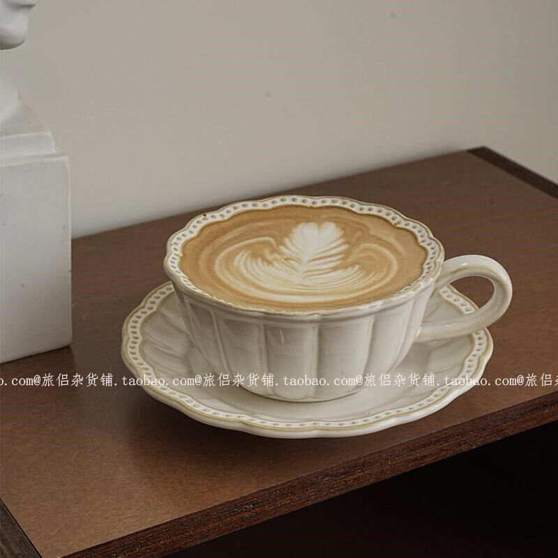 复古窑变浮雕花边珠点陶瓷咖啡杯碟拿铁拉花杯下午茶杯家用法式