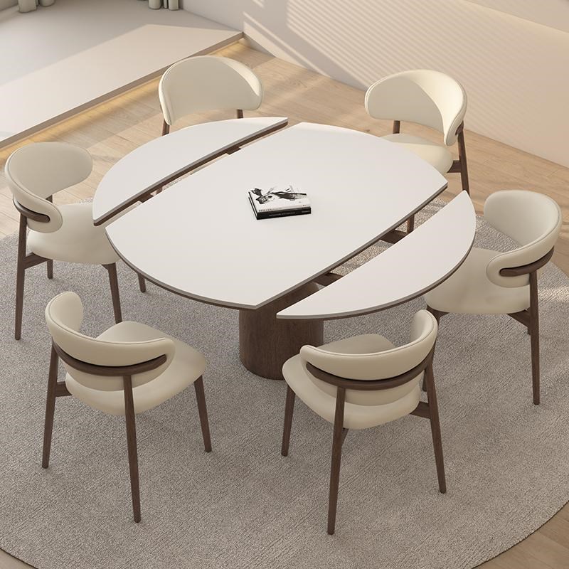 可伸缩实木岩板餐桌小户型家用奶油中古风方圆两用高级感吃饭桌子