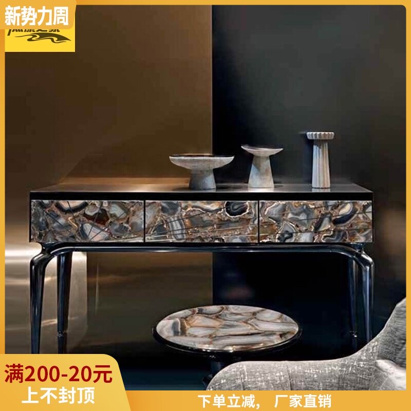 意式天然玛瑙石玄关柜现代样板间入户端景台金属不锈钢别墅玄关桌