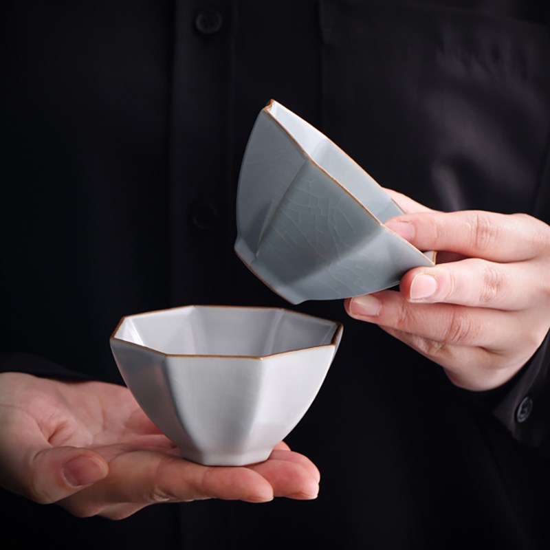 八方杯聚财八角开口杯汝窑主人杯个人来财杯子品茗杯陶瓷功夫单杯