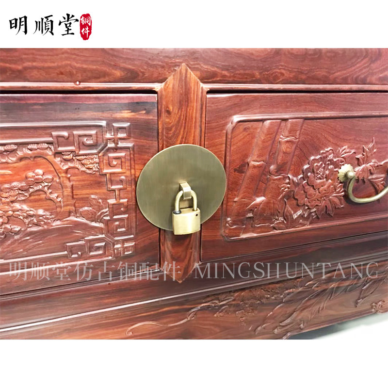 中式仿古纯铜家具圆形抽屉锁挂锁五金仿古古铜色锁头基础黄铜纯铜