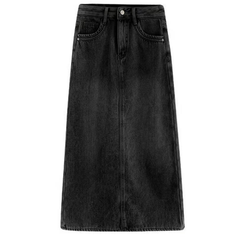 加绒加厚牛仔半身裙女冬季新款复古高腰显瘦开叉气质a字中长裙子