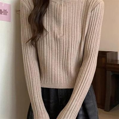 针织打底衫女秋冬新款小个子毛衣修身别致半拉链短款洋气上衣