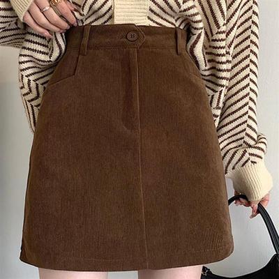 2025新款咖色灯芯绒半身裙女秋冬显瘦高腰a字短裙145小个子包臀裙